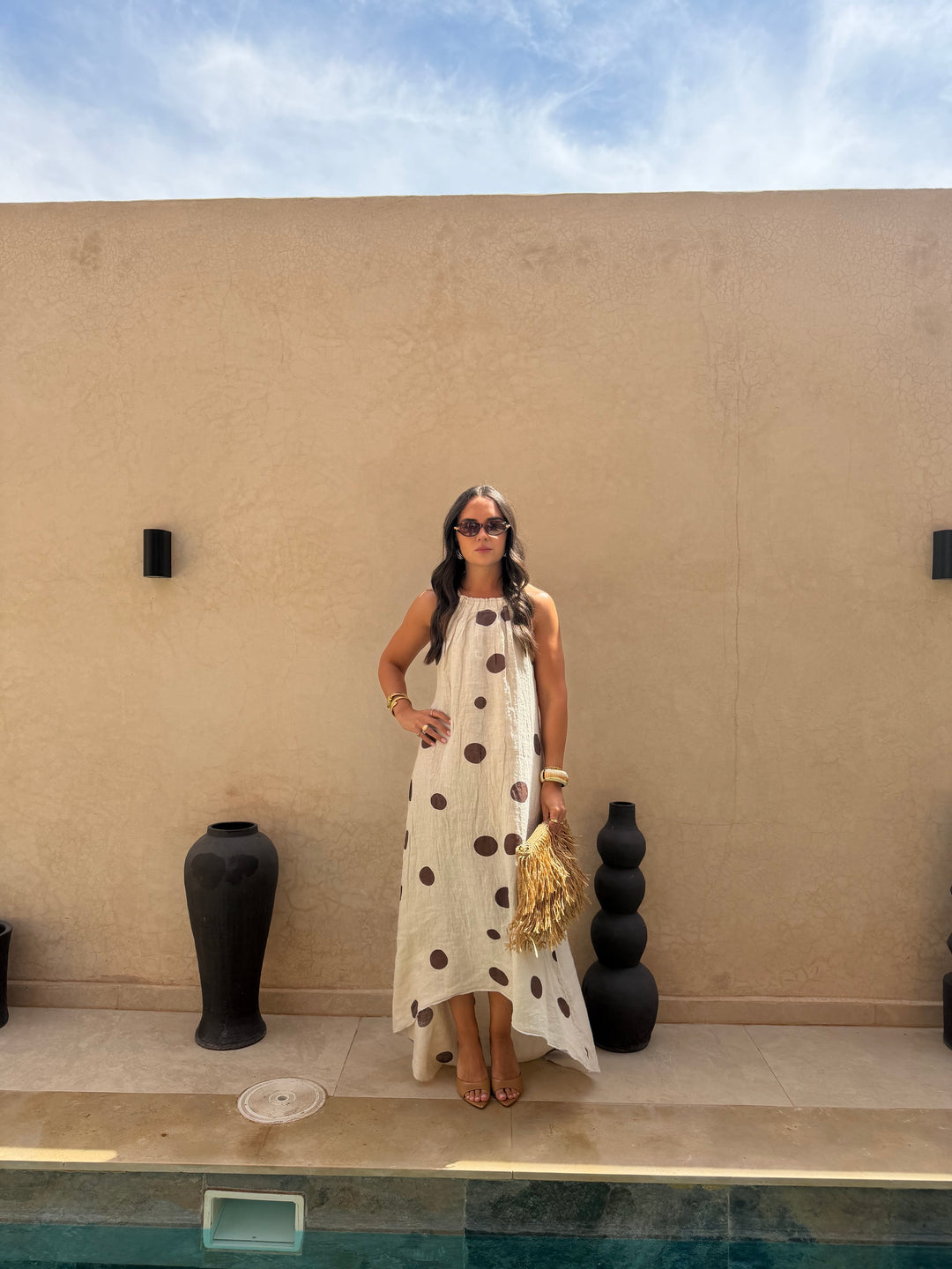 Marguerite — Robe Lin à Pois Beige