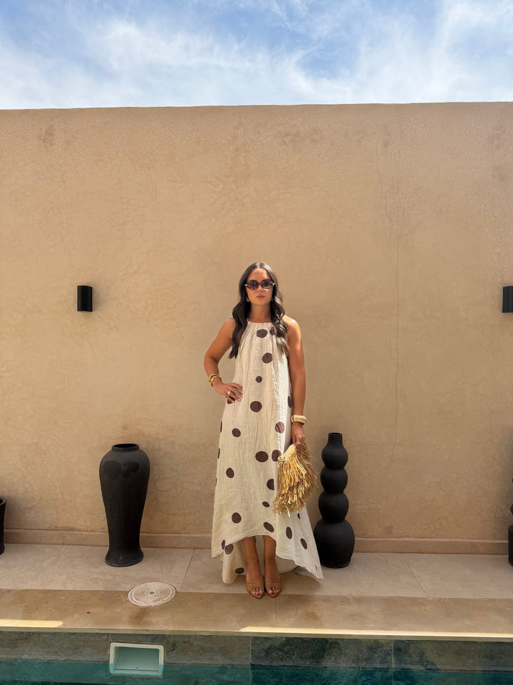 Marguerite — Robe Lin à Pois Beige