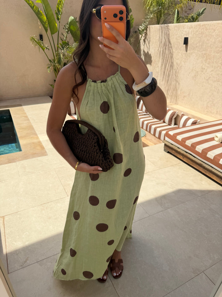 Céleste — Robe Lin à Pois Verte