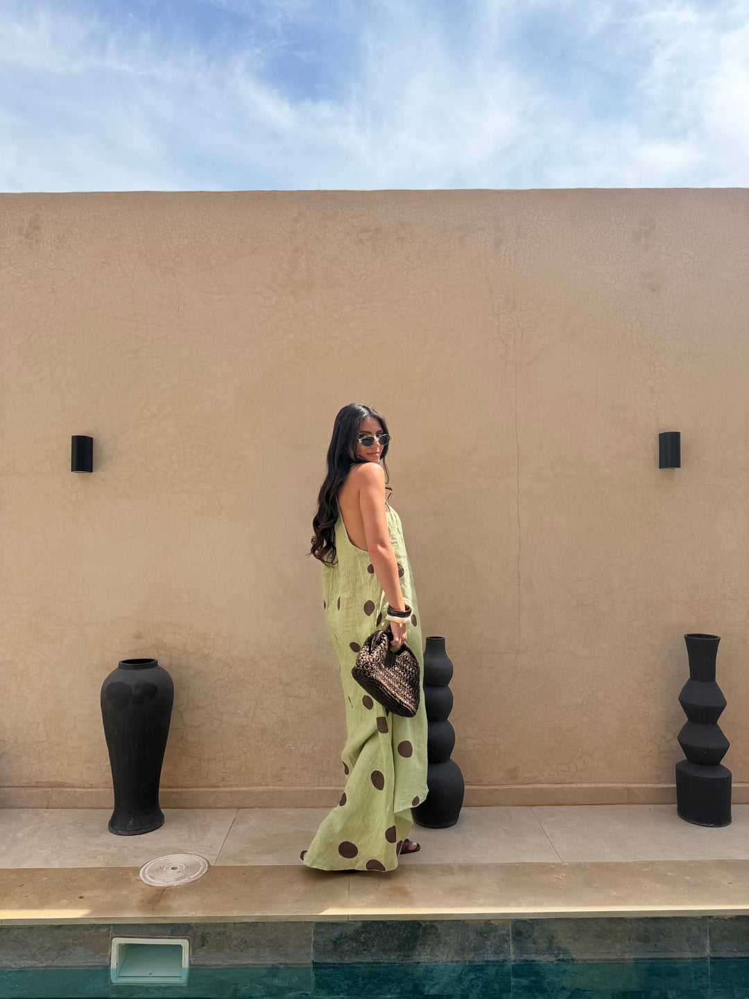 Céleste — Robe Lin à Pois Verte