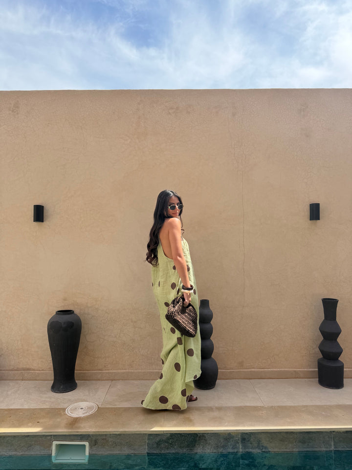 Céleste — Robe Lin à Pois Verte