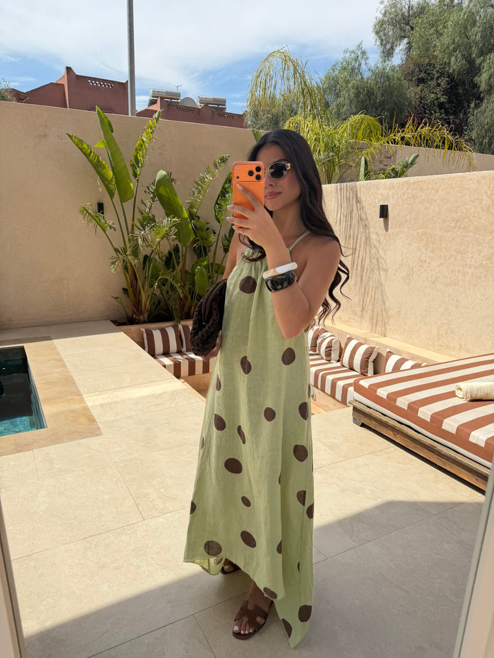 Céleste — Robe Lin à Pois Verte